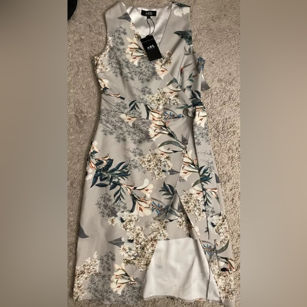 ABS gray floral sleeveless mid calf dress 4 nwt